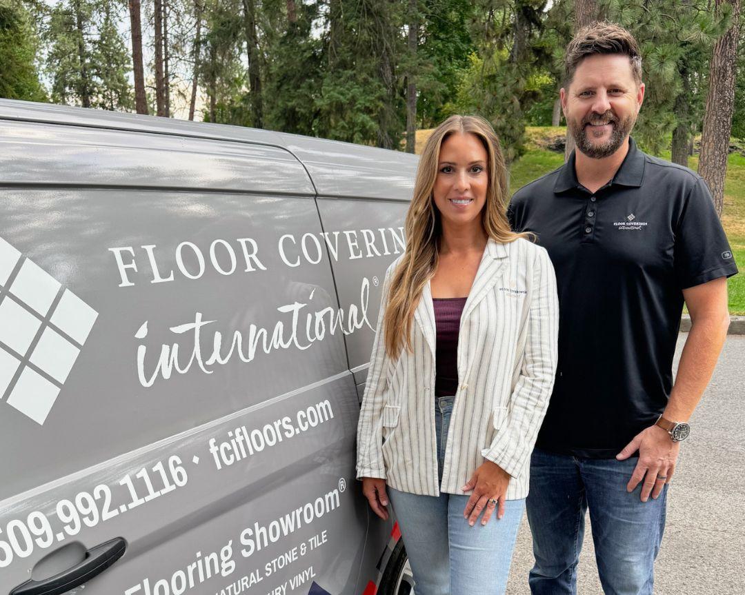 Brie & Carter Stevenson in front of Mobile Flooring Showroom®
