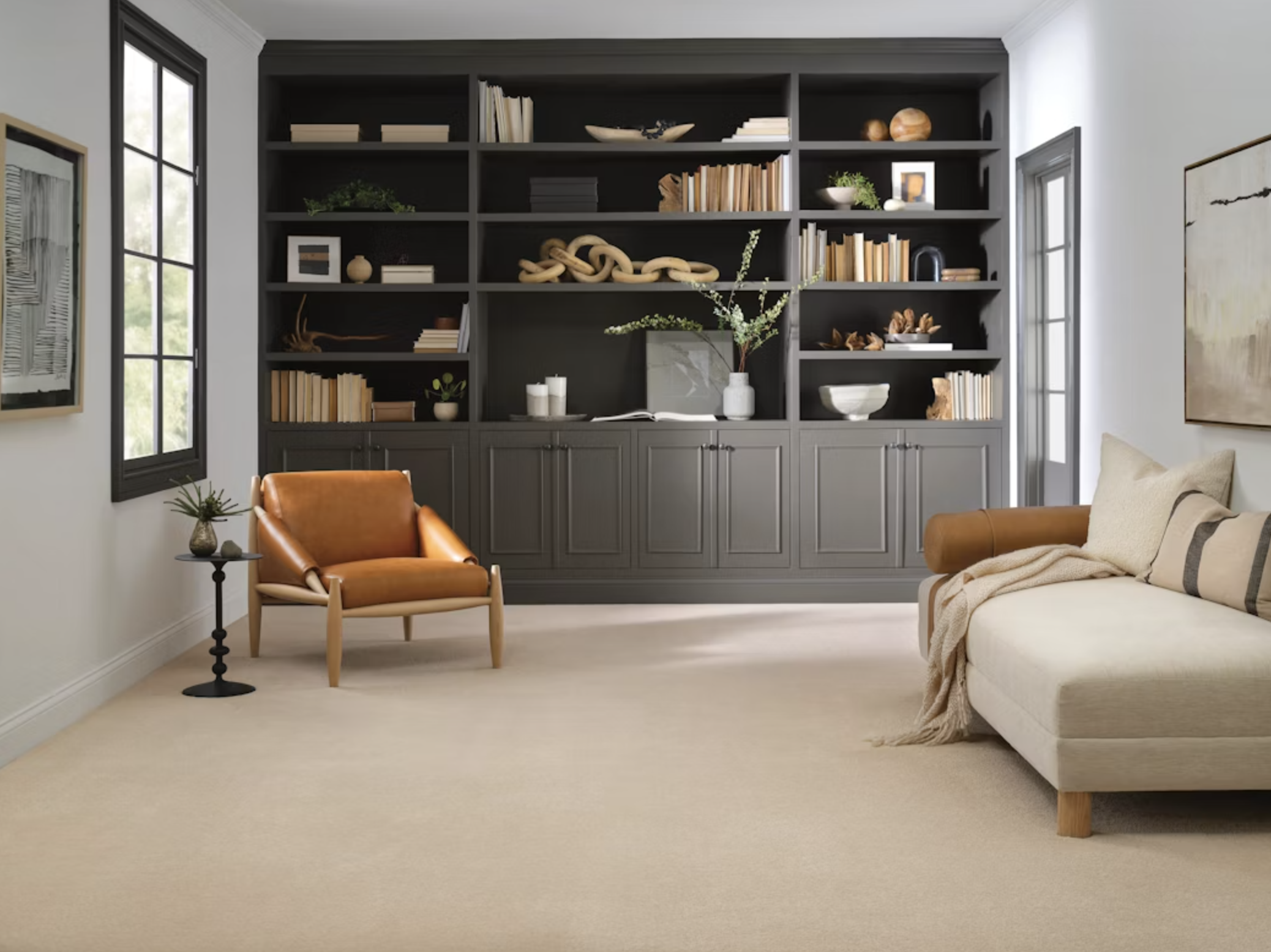 Living room with beige carpet