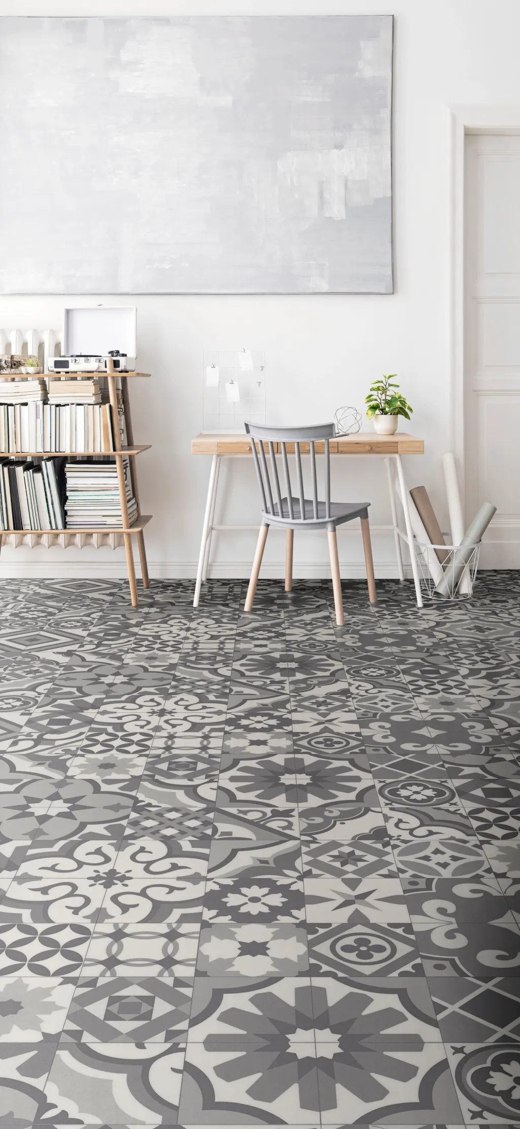 An office space with patterned vinyl flooring