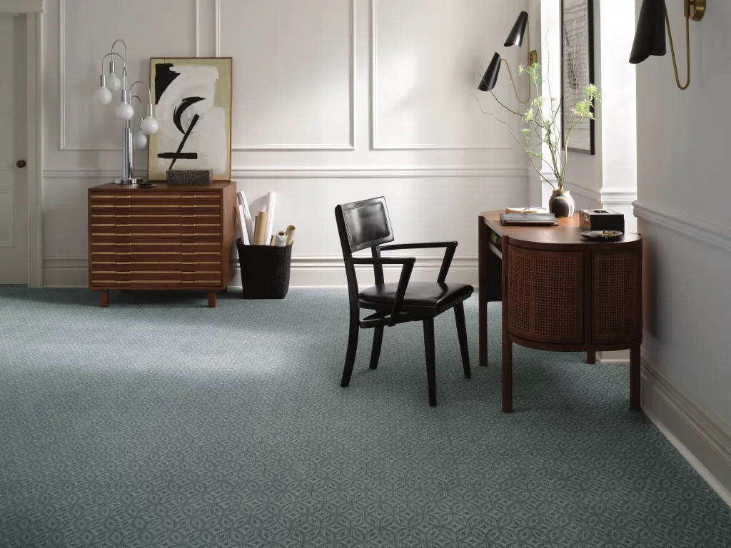 Office space with grey carpet